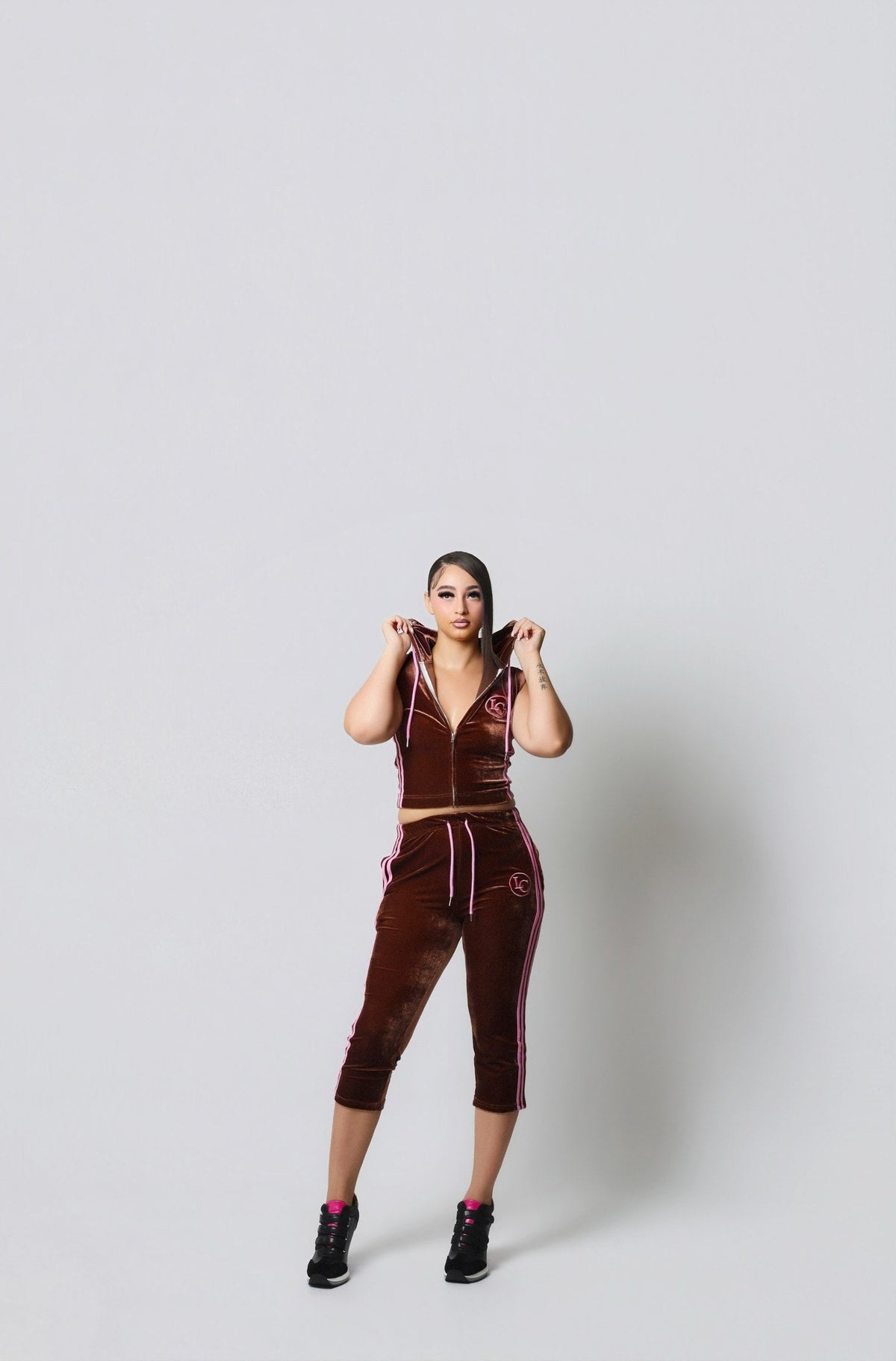 CHOCOLATEMUSE chocolate brown and pink velour set